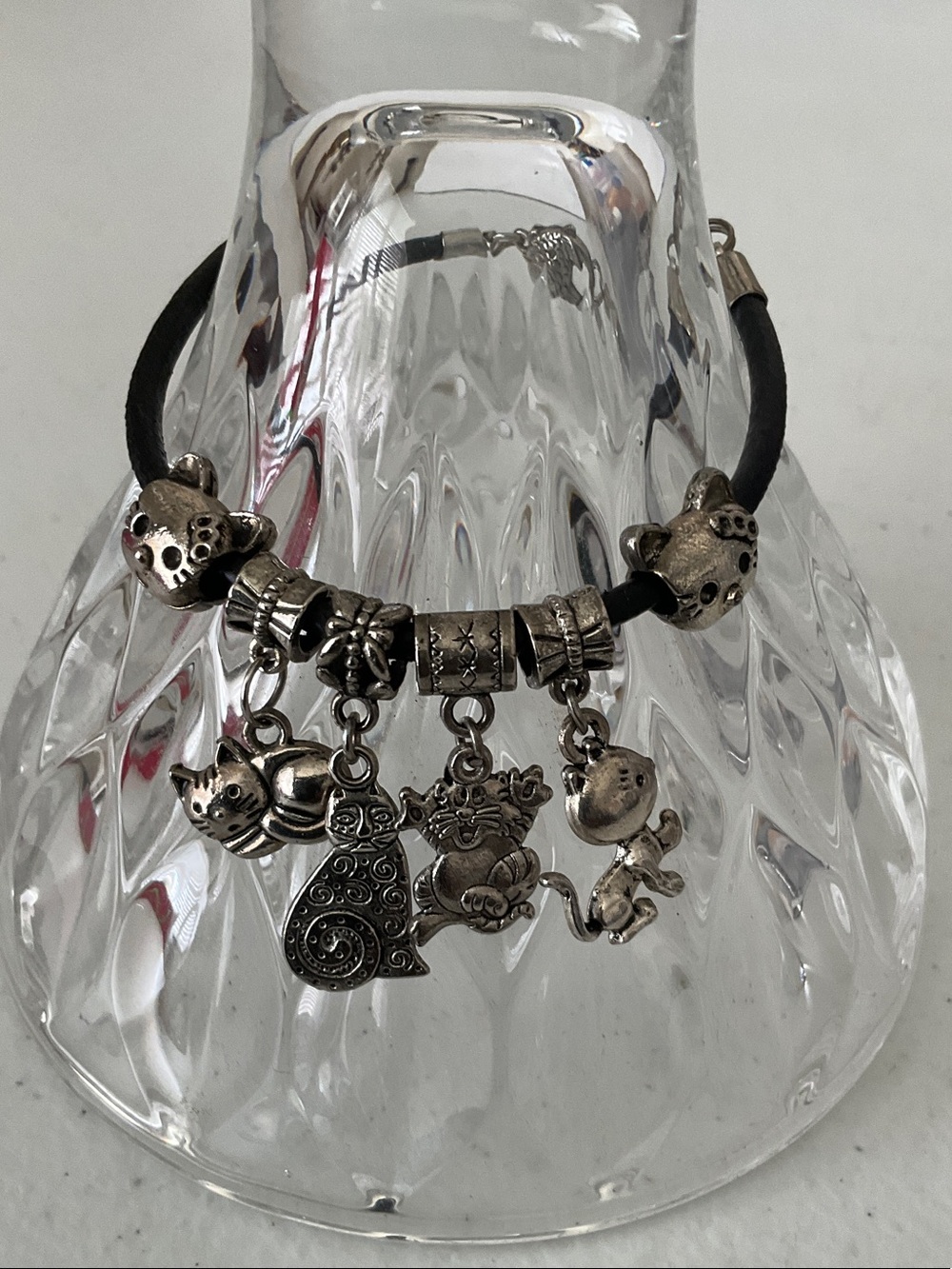 Silver Tone Cat Charm Bracelet on Black Cord